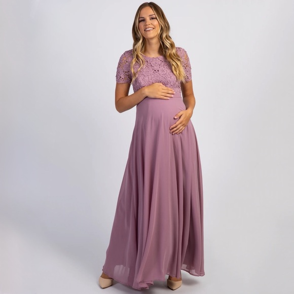 Pinkblush Mauve Pink Crochet Top Open Back Maternity Evening Gown Dress - Picture 1 of 9